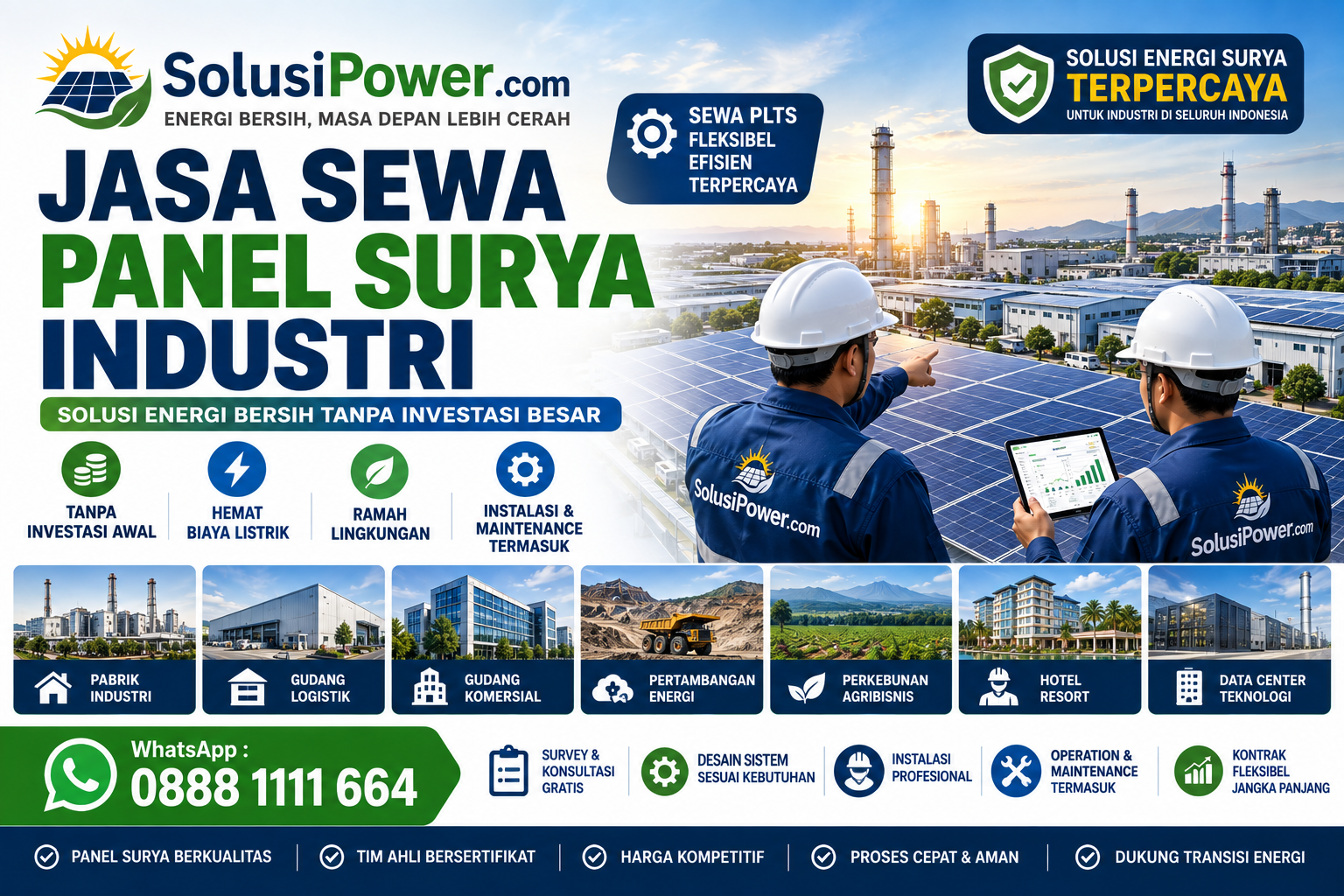 Jasa, Vendor, Pemasangan, Instalasi, Sewa Panel Surya, kebutuhan industri, kawasan industri, komersial, manufaktur, gudang, pabrik, pertambangan, perkebunan, perhotelan, retail, hingga fasilitas publik